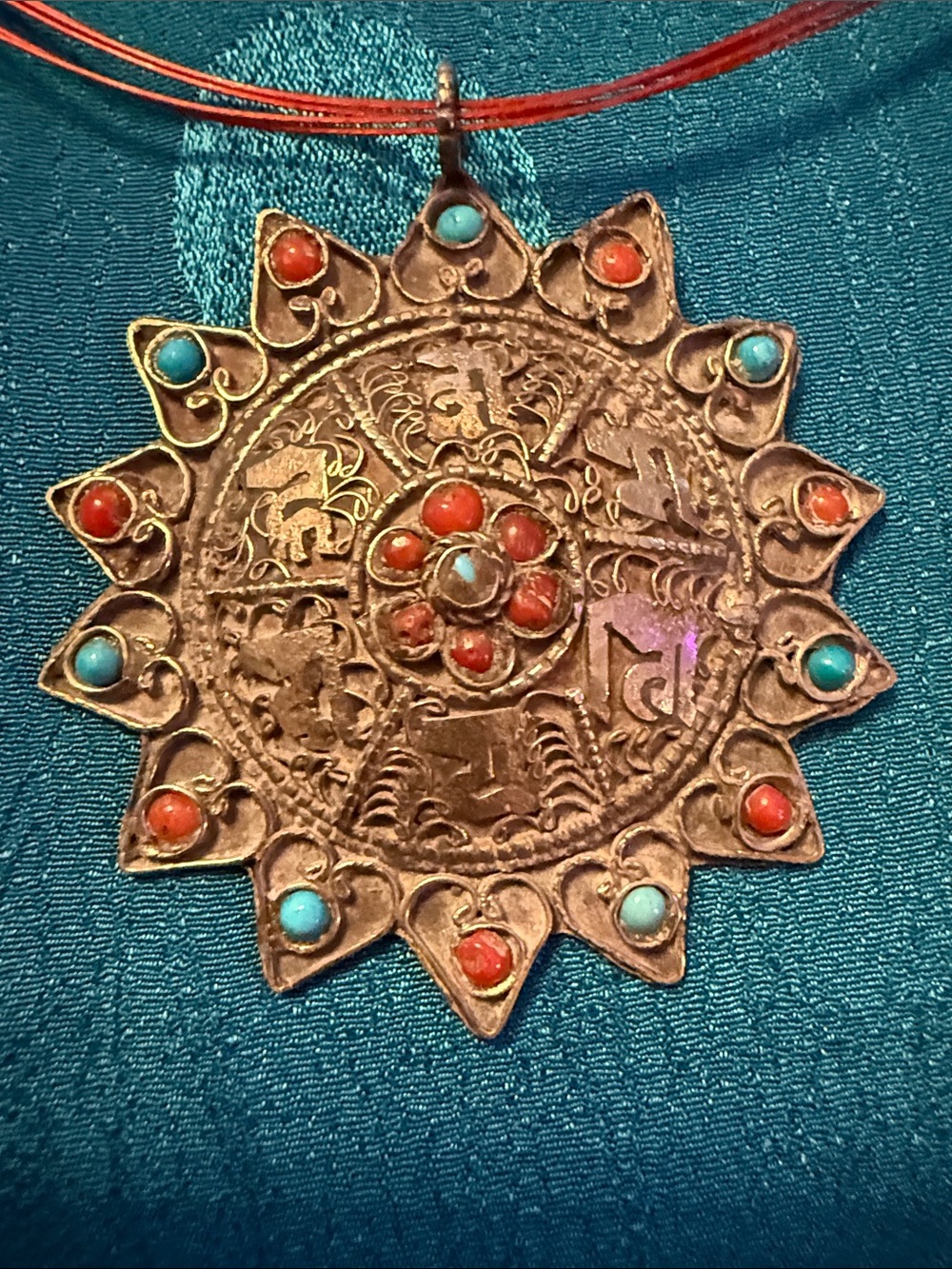 Bohemian Sunburst necklace Medallion with Turquoise and Coral Accents